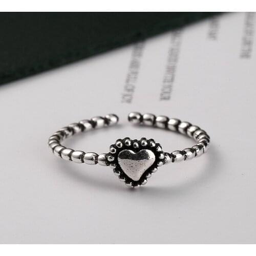A Girl' Punk Retro Love Heart Rings For Women Trendy Adjustable Finger Ring Thai Silver Party Jewelry Gift