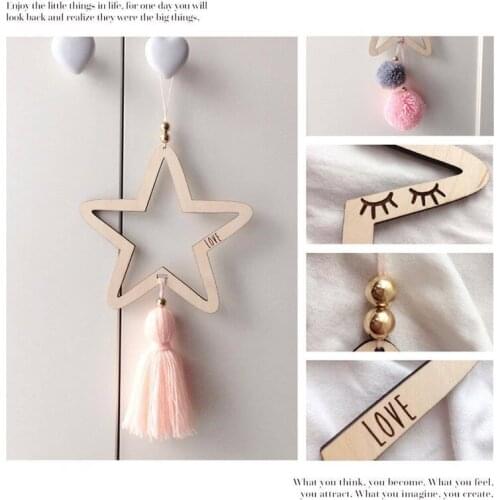 Cute Kids Room Wall Decoration Crafts Sleepy Eyes Wood Eyelash Star Christmas Ornamnet Beads Tassel Photography props