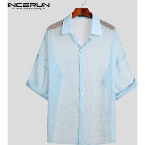 INCERUN 2021 Fashion Men Mesh Shirt See Through Lapel Short Sleeve Sexy Camisas Streetwear Casual Party Loose Shirts Men S-5XL