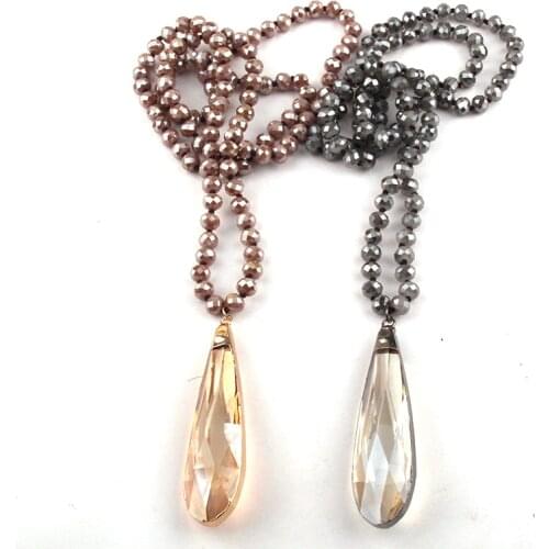 Fashion Jewelry Crystal Glass Long Knotted Glass Drop Pendant Necklace Wome Yoga Necklace