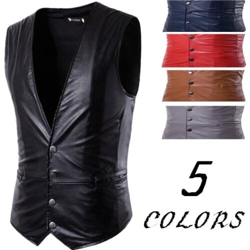 Pu Leather Suit Vest Men Solid Single Breasted Slim Fit Vest for Men Wedding Party Mens Gilet Waistcoat Hombre Retro Waistcoat