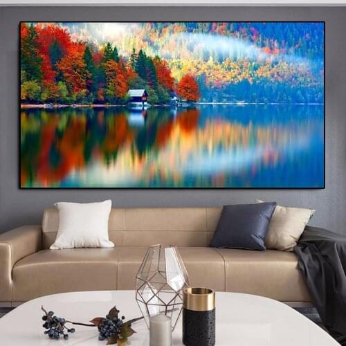 Forest Fall Leaves Landscape Canvas Painting Wall Art Natural Lake Scenery Posters and Prints Pictures for Living Room Decor