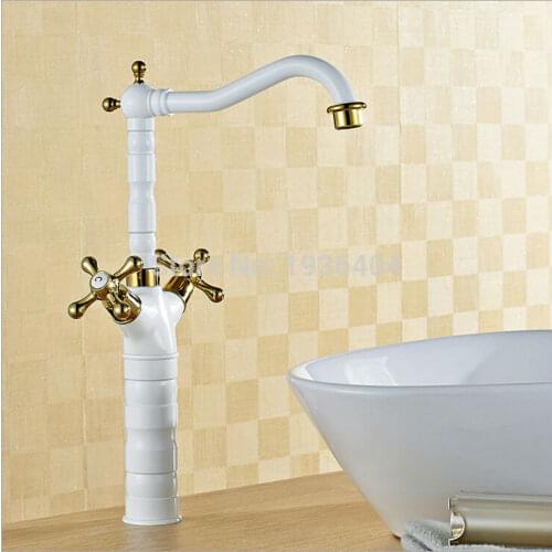 Wholesale Retro hot and cold taps Bathroom copper faucet basin faucet Dual Holder white paint mixer taps W3011