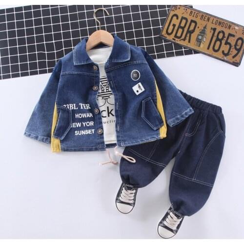 Autumn Boys Solid Color Unhooded Blue Denim Suit Boys Long Sleeve Trousers Three-piece Baby Korean Clothing Childrens Clothing