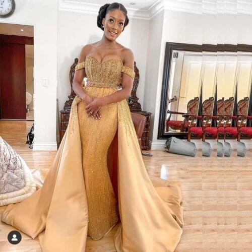 Major Beading Sequins Mermaid Prom Dresses With Detachable Train Gold Mermaid Evening Dress Off The Shoulder African Party Gowns