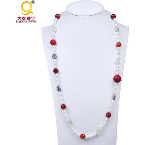 2019 fashion rice freshwater pearl necklace red stone round bead necklace howlite mixed stone necklace