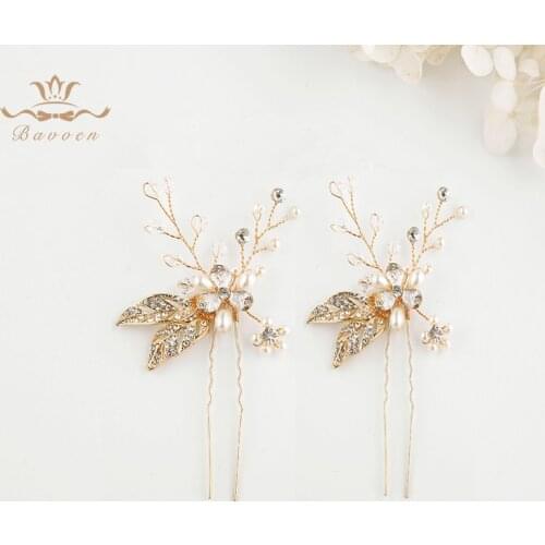 Bavoen 2 pics/lot Handmade Crystal Wedding Hair Accessories Gold Hair Sticks European Pearls Hairpins Leaves Hairbands