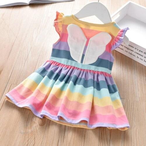Girls Rainbow Striped Vest Dress Sweet Flying Sleeve Wings Dress Kids Dresses for Girls Toddler Girl Summer Clothes 2021