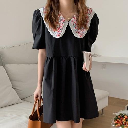 Sannian Women Dress Summer Retro Elegant Floral Peter Pan Collar Stitching Loose All-match Puff Sleeve Dresses Ladies Clothes