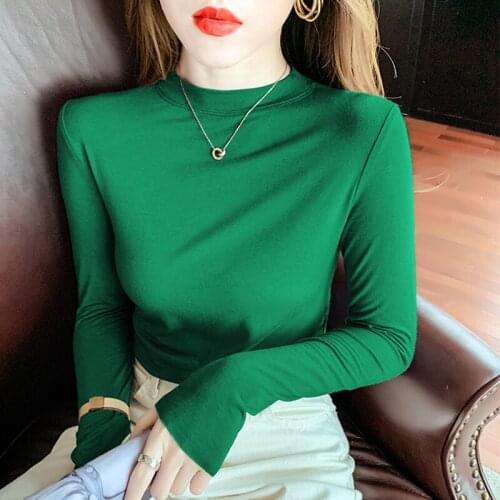 Womens T-shirt Long Sleeve O-Neck Tshirts Women Spring Autumn Solid Slim Women-clothing Korean Cotton Skinny Top Female Black
