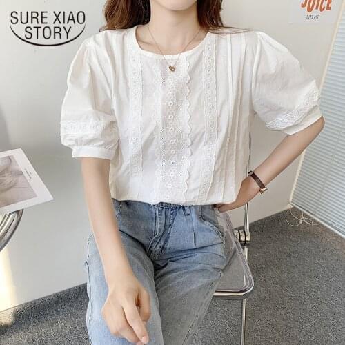 New Vintage French Summer Lace Shirt 2021 Sweet Chic Embroidery Round Collar Shirt Cotton Women Tops White Causal Clothes 14602