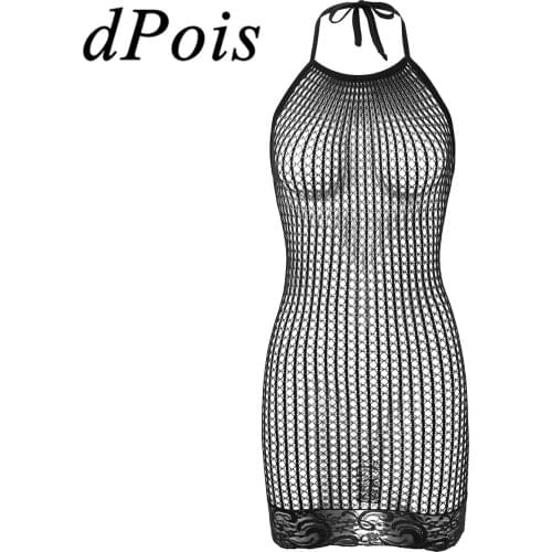 Womens Erotic Hollow Out Netted Bcodystockings Sexy Lingerie Halter Neck Sleeveless Lace Hemline Bodycon Mini Dress Nightwear