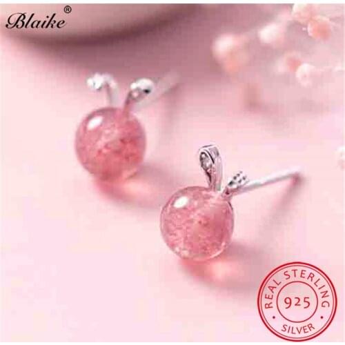 Blaike Cute Girls Small Round Earrings 925 Sterling Silver Animal Rabbit Ears Stud Earrings For Women Pink Crystal Earings CZ