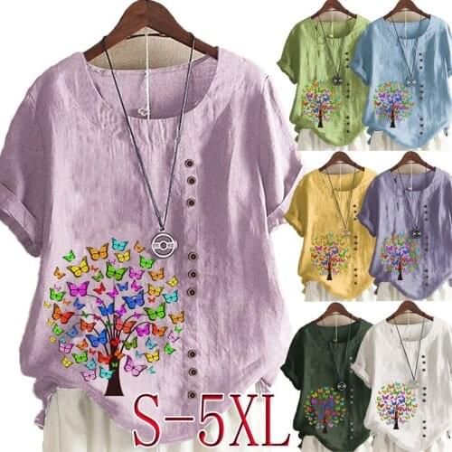 Womens Casual Butterfly Tree Printed Linen Tops Round Neck Short Sleeved Plus Size Button T-Shirt Loose Graphic Blouse
