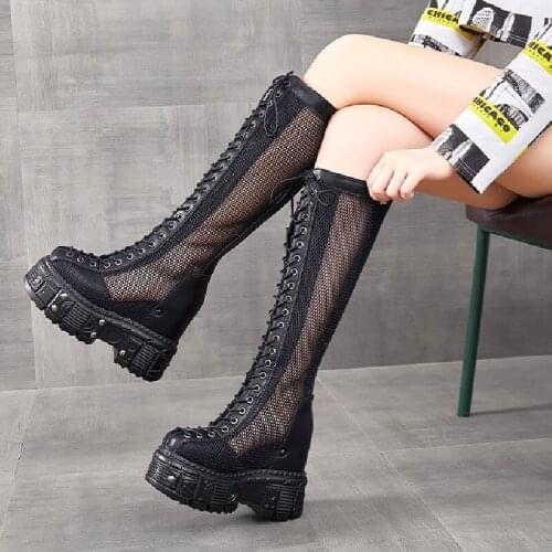 Summer New European America Style Height Increasing Platform Rivet Cut Out Mesh Genuine Leather Women Knee-High Long Boots 0704