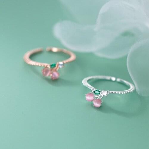 Real 925 Sterling Silver Rings for Women CZ Zircon Cherry Ring for Teen Girls Adjustable Korean Fashion Cute Jewelry Female Gift