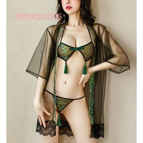 Women Sexy Lingeries Nightdress G-string Haori Tassel Sleepwear Christmas Cosplay Fancy Dress Nightgown Bra G-String Bathrobes