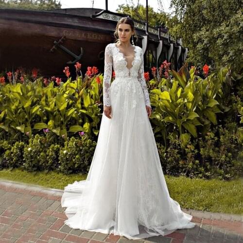 Vestido De Noiva V-Neck Illusion Sheer Long Sleeve Appliques Lace Backless Tulle Wedding Dresses 2020