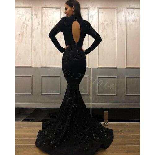 2020 New Fashion Elegant Custom Made Spaking Black Sequins Sexy Mermaid Long Sleeves Prom Gowns Chic Open-Front Backless