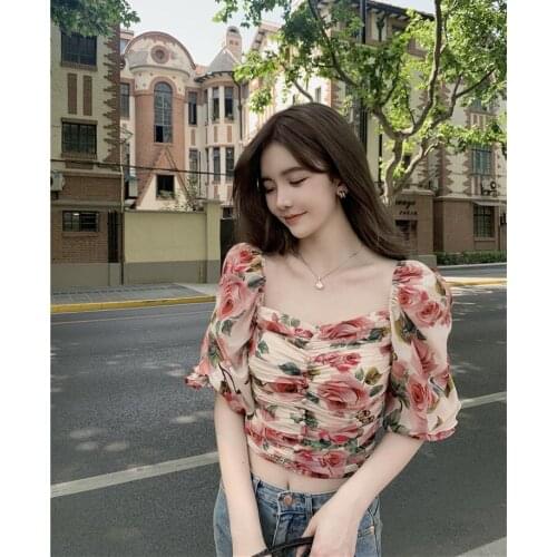 2021 summer design pleated shirt square collar chiffon rose print puff sleeve short top blouse