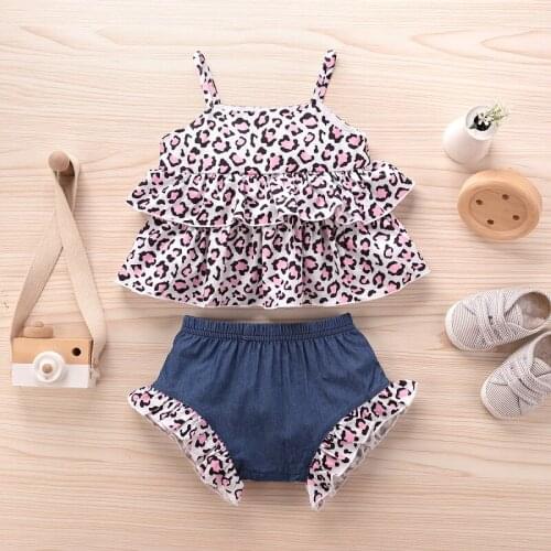 2021 Summer Newborn Baby Girl Sleeveless Leopard Layered Camis Tops Denim Bloomers Shorts 2PCS Girls Clothing Set