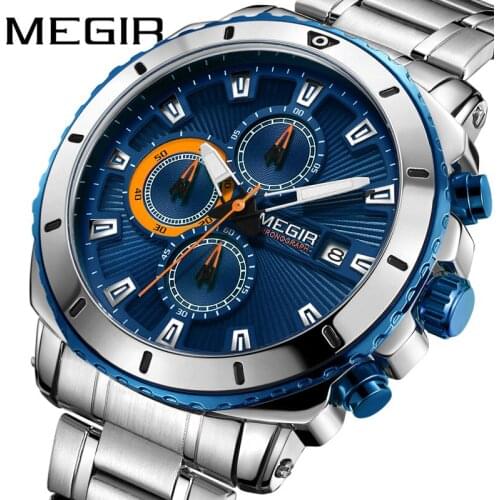 MEGIR Blue Dial Chronograph Quartz Watches Mens Fashion Stainless Steel Watch Man Luminous Hands Waterproof Relogio Masculino