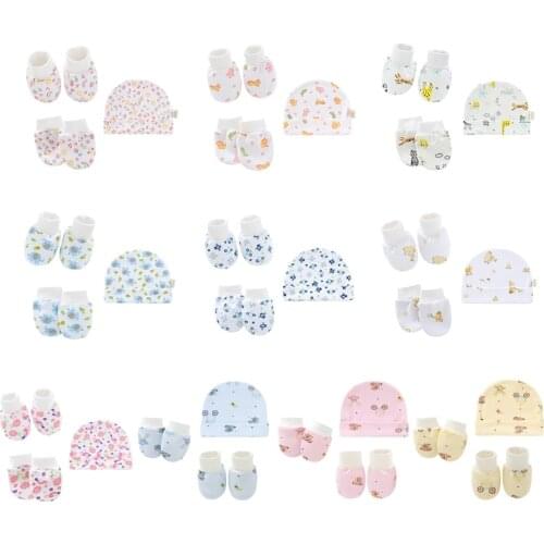 Baby Cartoon Anti-scratch Gloves Hat Foot Cover Set Handguard Cotton Mittens Beanie Cap Socks Kit for Infant Newborn