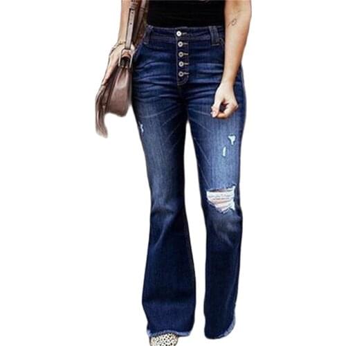 2021 New Ripped High Waist Retro Jeans Women Wide Leg Denim Pants Buttons Boyfriend Loose Hole Fashion Ladies Long Speaker Jeans