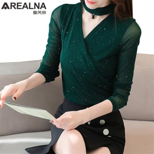 Elegant Ladies Sheer Tops Sequin Shiny Womens Blouses Spring Autumn Korean Fashion Clothing Mesh Cross V-neck Sexy Blouse Shirt