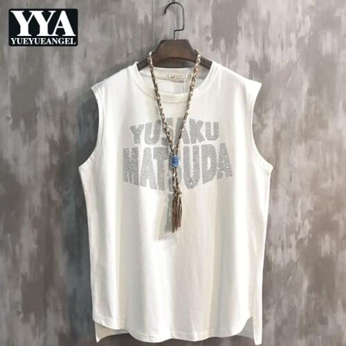Men High Street Sleeveless T Shirt Summer Loose Fit Cotton Tank Tops Round Neck Diamond Solid White Casual Pullover Thin Vest