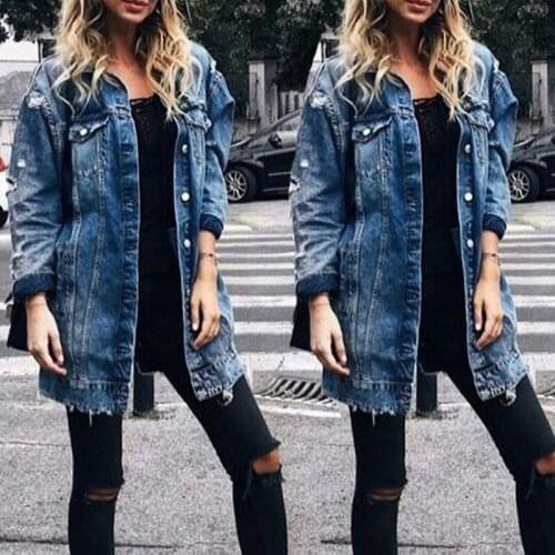 2021 New Stylish Womens Coats Denim Long Coat Jeans Coat Fashion Hole Jacket Female Loose Casual Streetwear Blue Outwear Long
