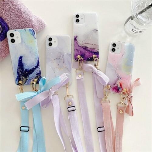 Cute Glitter Blue Marble Bow Lanyard Phone Case For iPhone 12 Mini 11 Pro XS MAX XR X 7 8 Plus SE 2020 Soft TPU Back Cover Coque