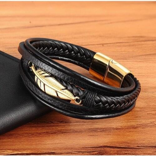 Multi-layer Leather Feather Shape Accessories Mens Bracelet Stainless Steel Leather Bracelet For Special Birthday Present