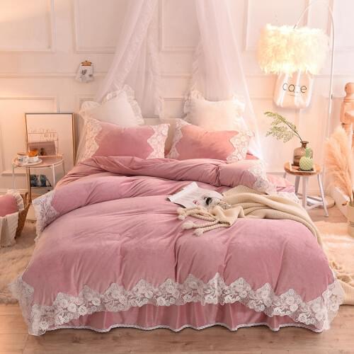 2021 new products Thick and warm crystal velvet Princess style pleated lace Bed Set luxury bedding king size 4-piece set