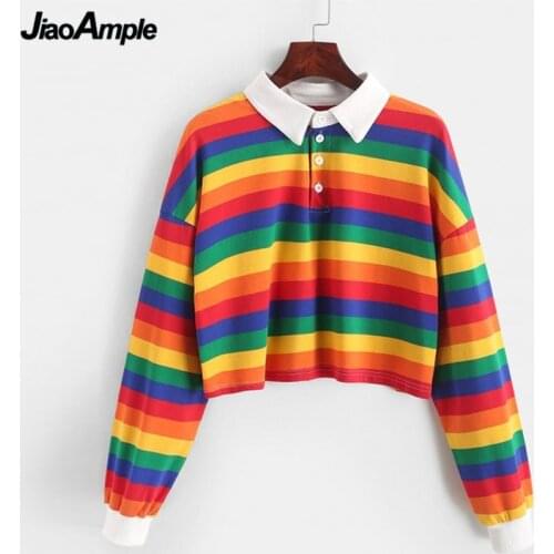 2020 Autumn New Stripe Women Polo Shirt Girls Student Fashion Rainbow Short Full Sleeve Sweatshirt Lady Button Hoodies Jacket