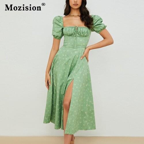 Mozision Fashion Printed Puff Sleeve Midi Dresses Summer Women Casual High Split Lace Up Dress Femme Elegant Party Vestidos