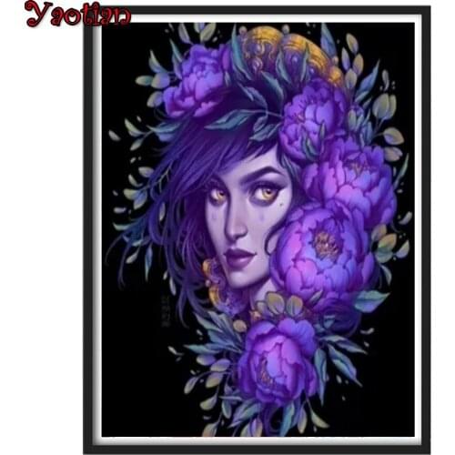 Full Drill Square Diamond Painting Purple Flower Woman 5D Gothic Embroidery Diamond Cross Stitch Needlework Home Decoration Art