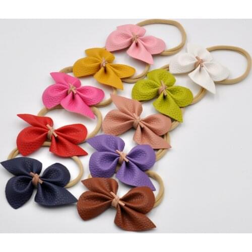 20pcs/lot Faux Leather Bow Hair Band Knot Bow Baby Headband Soft Nylon Headband Newbron Hair Accessory
