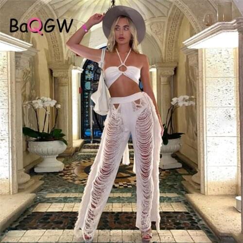 BaQGW Sexy Hollow Out Women Straight Pants Hipster Tassel Patchwork Elastic Waist Streetwear Knitted Trousers Female Sweatpants