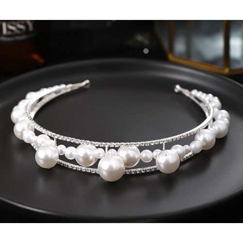 Silver Color Bridal Hairbands For Women Big Pearls Headband Tiaras Crown Rhinestone Hair Accessories Fashion Jewelry