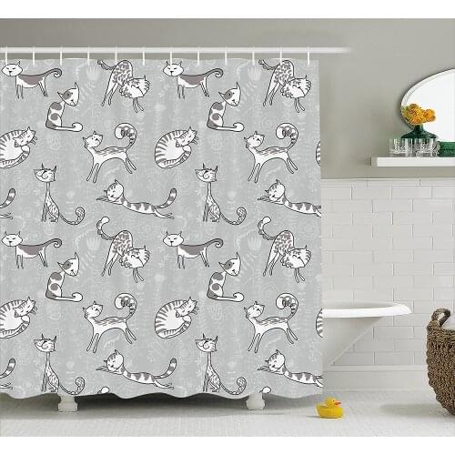 Grey Shower Curtain Cute Cat Figures Posing Over Floral Feline Kitten Kitty Cartoon Art Prints Bath Curtains For Bathroom