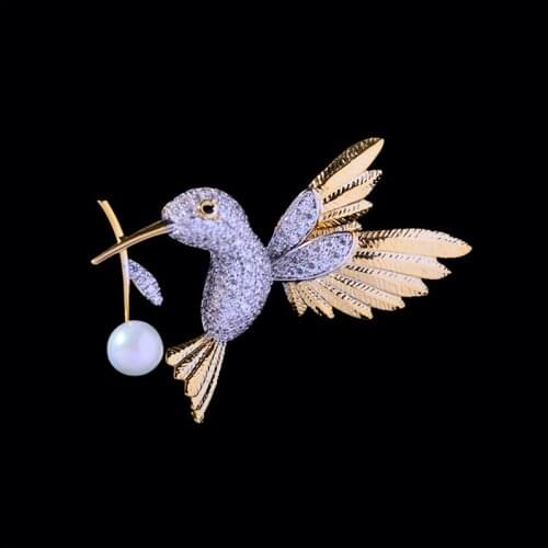 Cute Woodpecker Brooches for Women Fashion Zircon Pearl Golden Hummingbird Brooch Badge Pins Jewelry Accessories Christmas Gifts