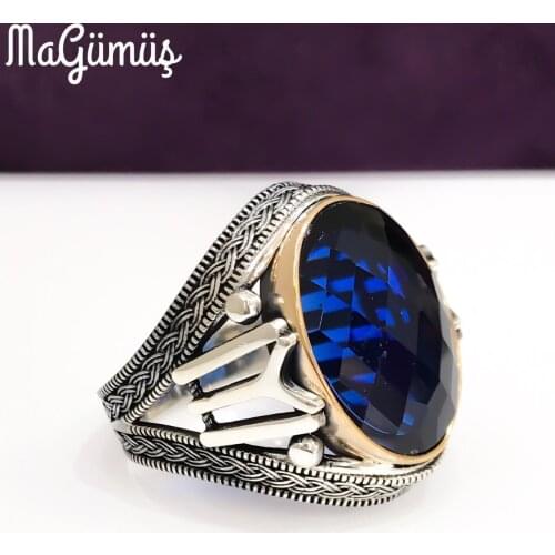 GOOD Embroidered Blue Special Production Silver Men 'S Ring