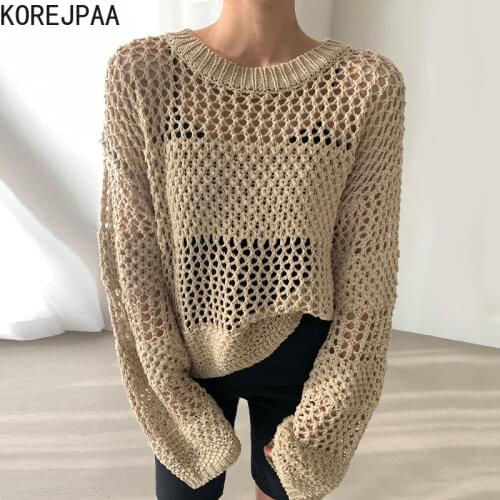Korejpaa Women Sweaters 2021 Autumn Korean Chic Retro Elegant Hollow Perspective Design Loose Long-Sleeved Sunscreen Pullovers
