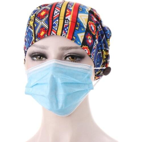 New Button Imitation Le Printing Base Turban Hat Ladies Wrap Turban Hat Crystal Hemp Multicolor Button Chemotherapy Hat