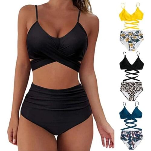 Bathing Suit Two Piece Backless Polyester Padded Bra Briefs Swimwear Set for Beach printed bikini suit plus size ropa mujer 2021