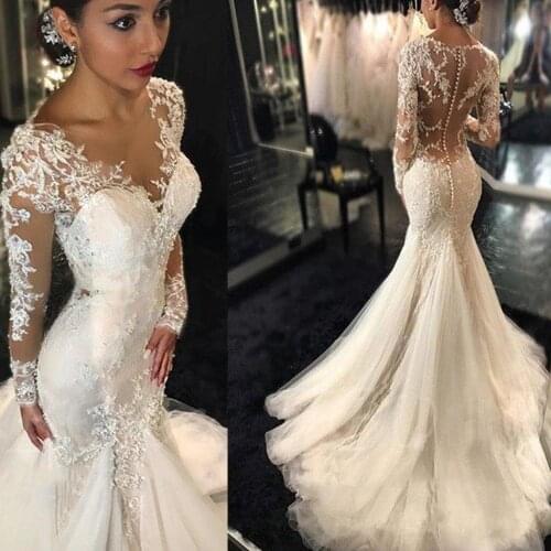 Gorgeous Lace Mermaid Wedding Dresses Sheer Neck Dubai African Arabic Style Long Sleeves Fishtail Bridal Gown Plus Size