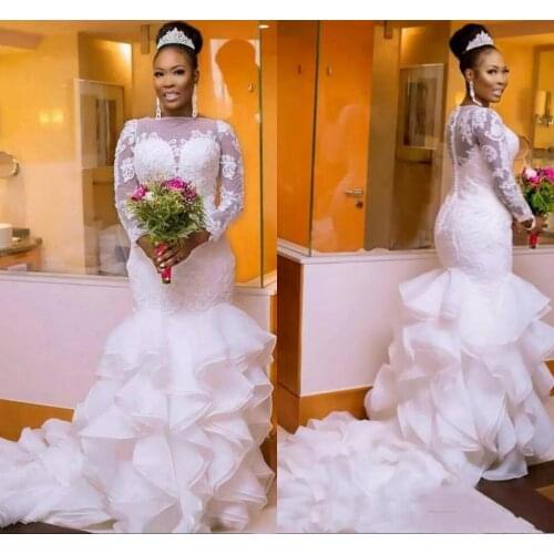 South African Nigerian Mermaid Wedding Dresses Plus size 2022 Long Sleeve Sheer Neck Bodycon Fishtail Bridal Gowns Chic Layer