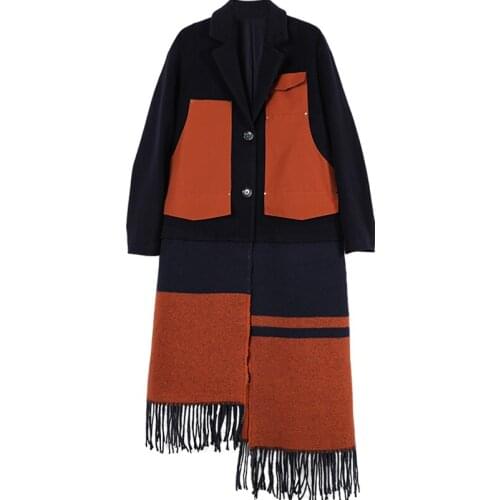 Autumn Winter OriginalDesign Women Vintage Elegant Casual Loose Tassel Long Woolen Jacket Patchwork Irregular Wool Coat