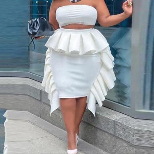 Plus Size African Skirts Sets White Ruffles Crop Tops & Skirt Bodycon Sexy Mid Calf Evening Night Club Outfits Matching Sets Big